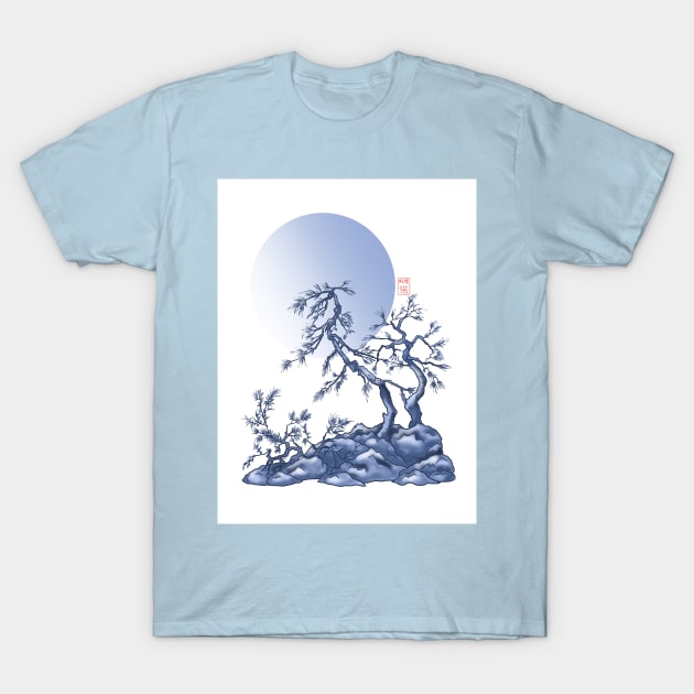 sumiE ink and watercolor japanese pines under a blue moon T-Shirt by cuisinecat